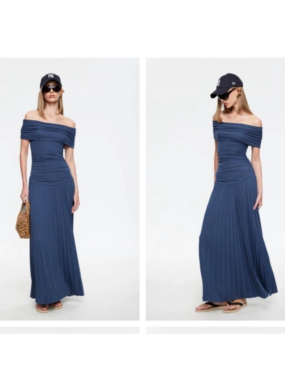 NWT LIONESS Field Of Dreams Dress in Navy off shoulder flowy maxi gown Size XS - Picture 3 of 9